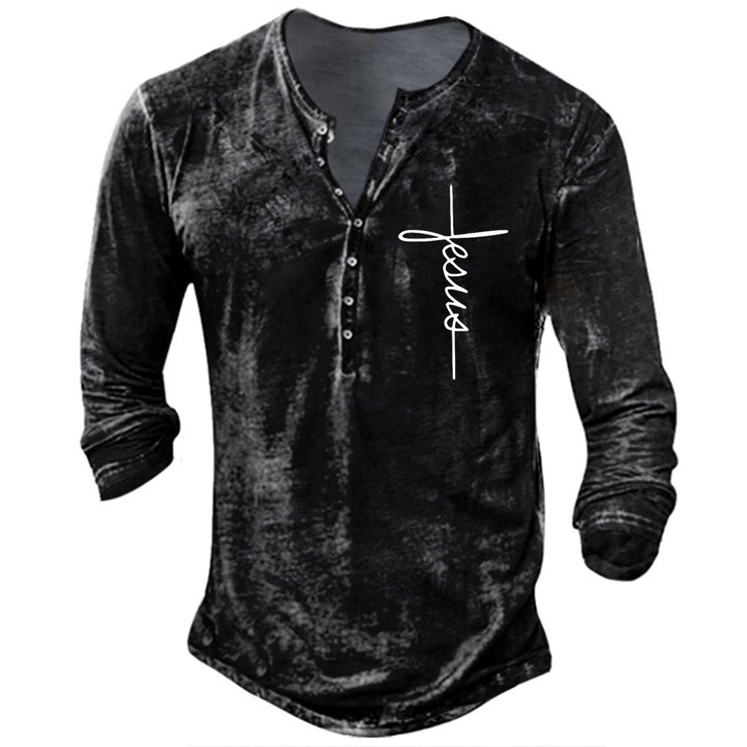 Men's Long Sleeve Henley Shirt with Creative Graphic Print Lisslune