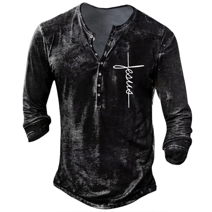 Men's Long Sleeve Henley Shirt with Creative Graphic Print Lisslune