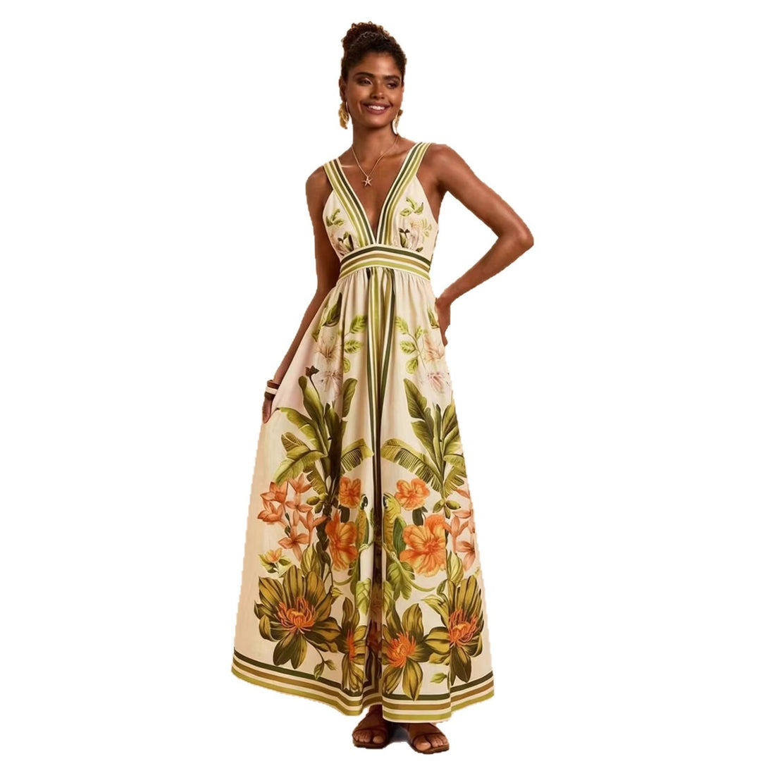 Women's maxi dress with deep V-neckline and floral design