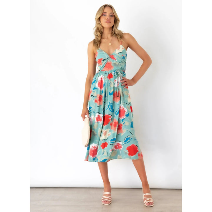 Women's midi dress with elegant wrap design and floral pattern mix Lune London