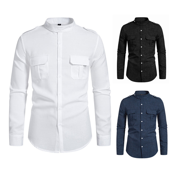 Men's long sleeve shirt with elegant breast pockets and modern stand-up collar Lisslune