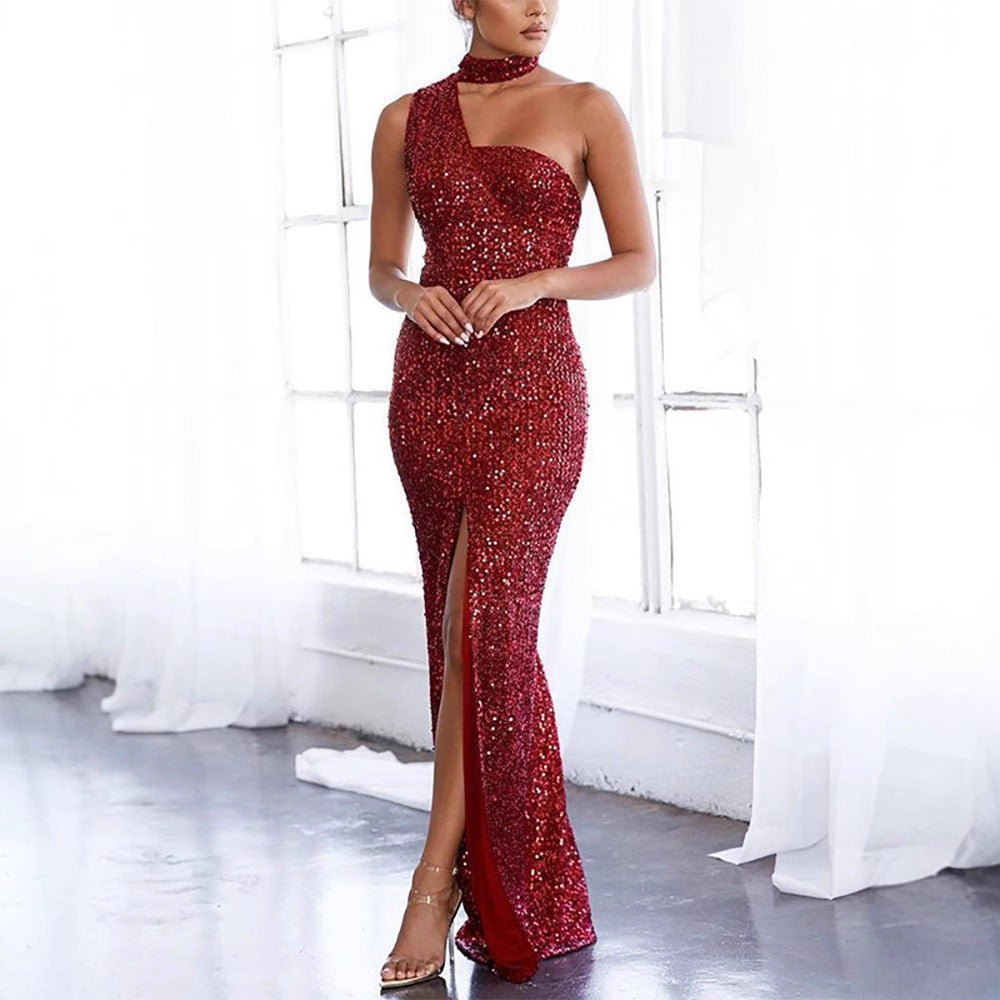 Ladies glamorous evening dress with asymmetrical design and sparkling sequins Lisslune