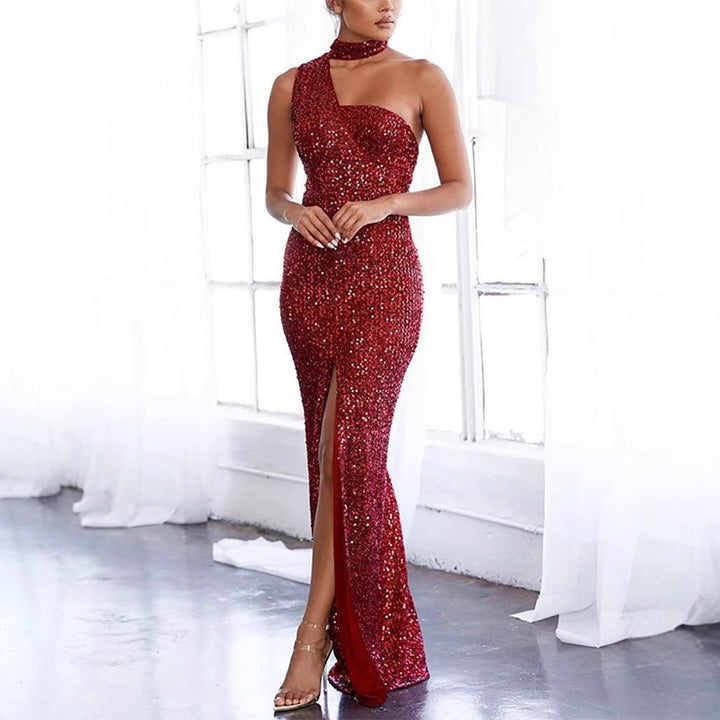 Ladies glamorous evening dress with asymmetrical design and sparkling sequins Lisslune