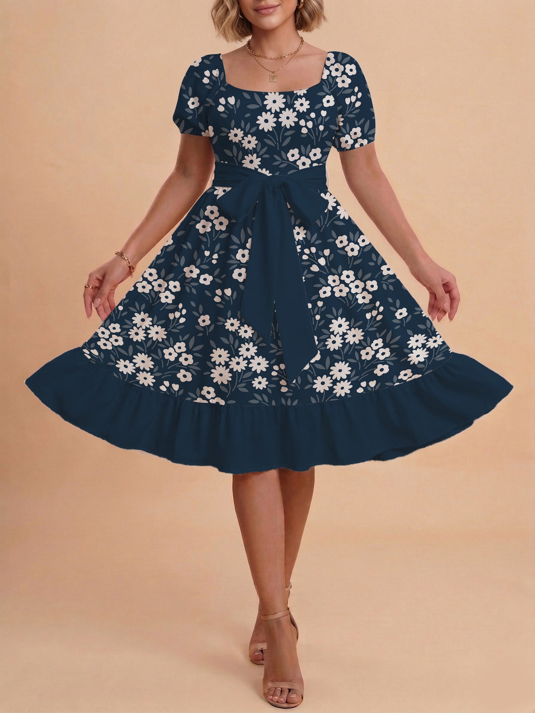 Women's floral dress with adjustable belt and voluminous sleeves Lisslune