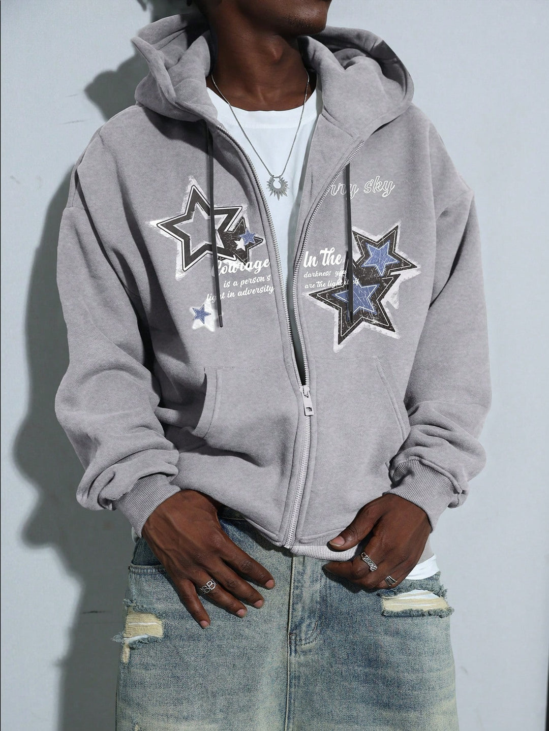 Men's hooded jacket with practical zipper and stylish star pattern Lisslune