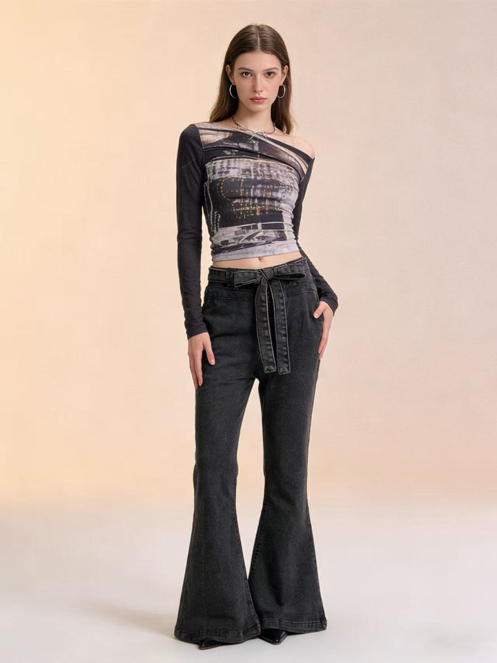 Women Flared Jeans with Belt and High Waist Lisslune