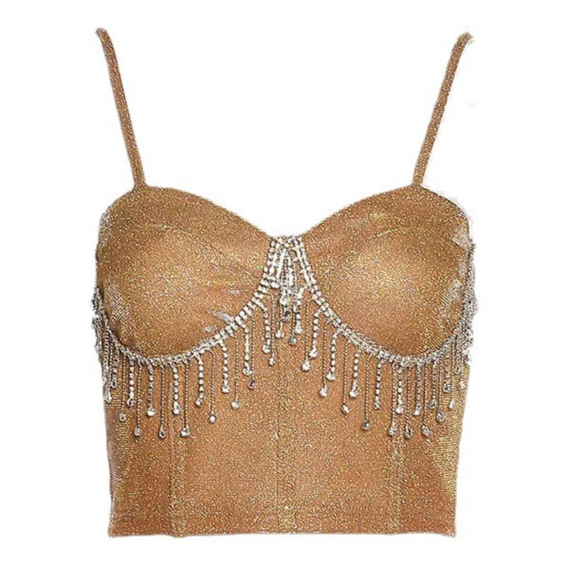 Ladies Glittering Bustier with Sparkling Rhinestone Details and Spaghetti Straps