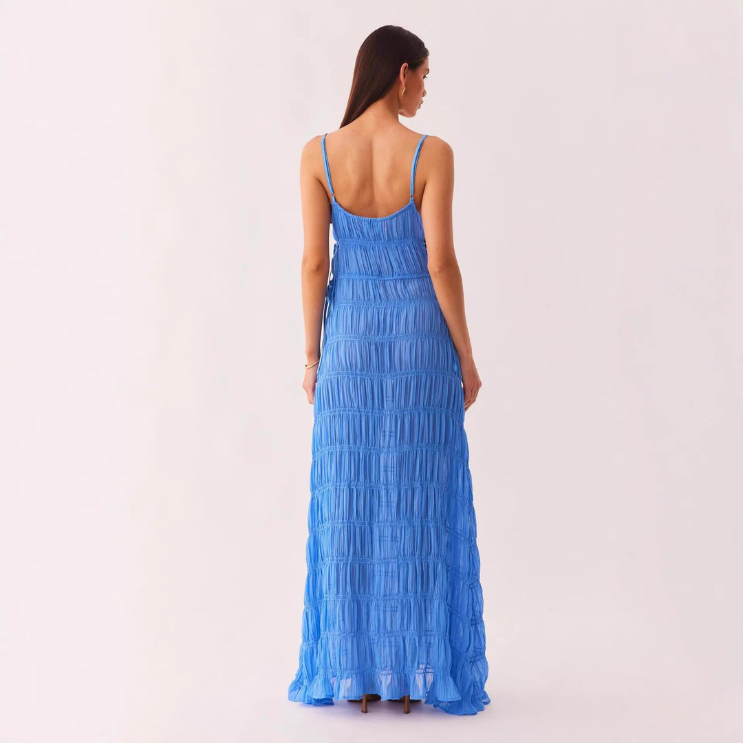 Women’s maxi dress with sophisticated ruffle design and deep V-neck
