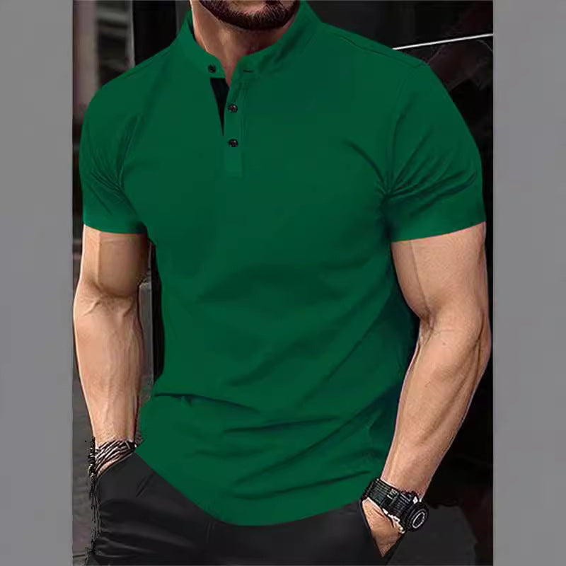 Men's stylish short-sleeve shirt with modern stand-up collar and decorative buttons Lisslune