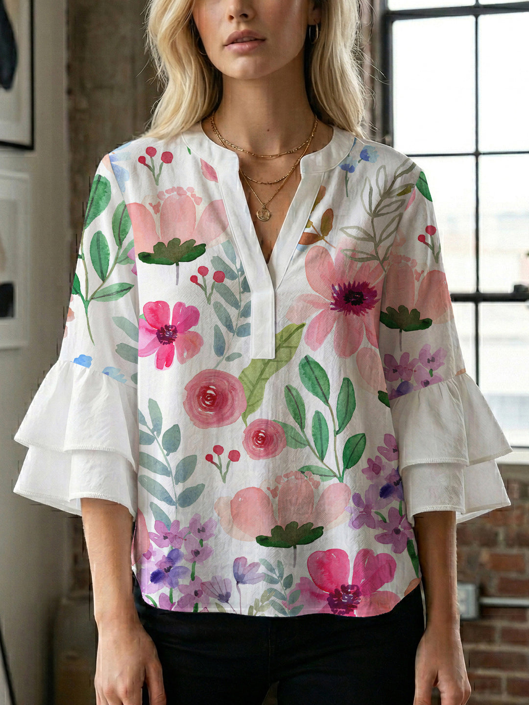 Women's flower creation with voluminous ruffled sleeves Lisslune
