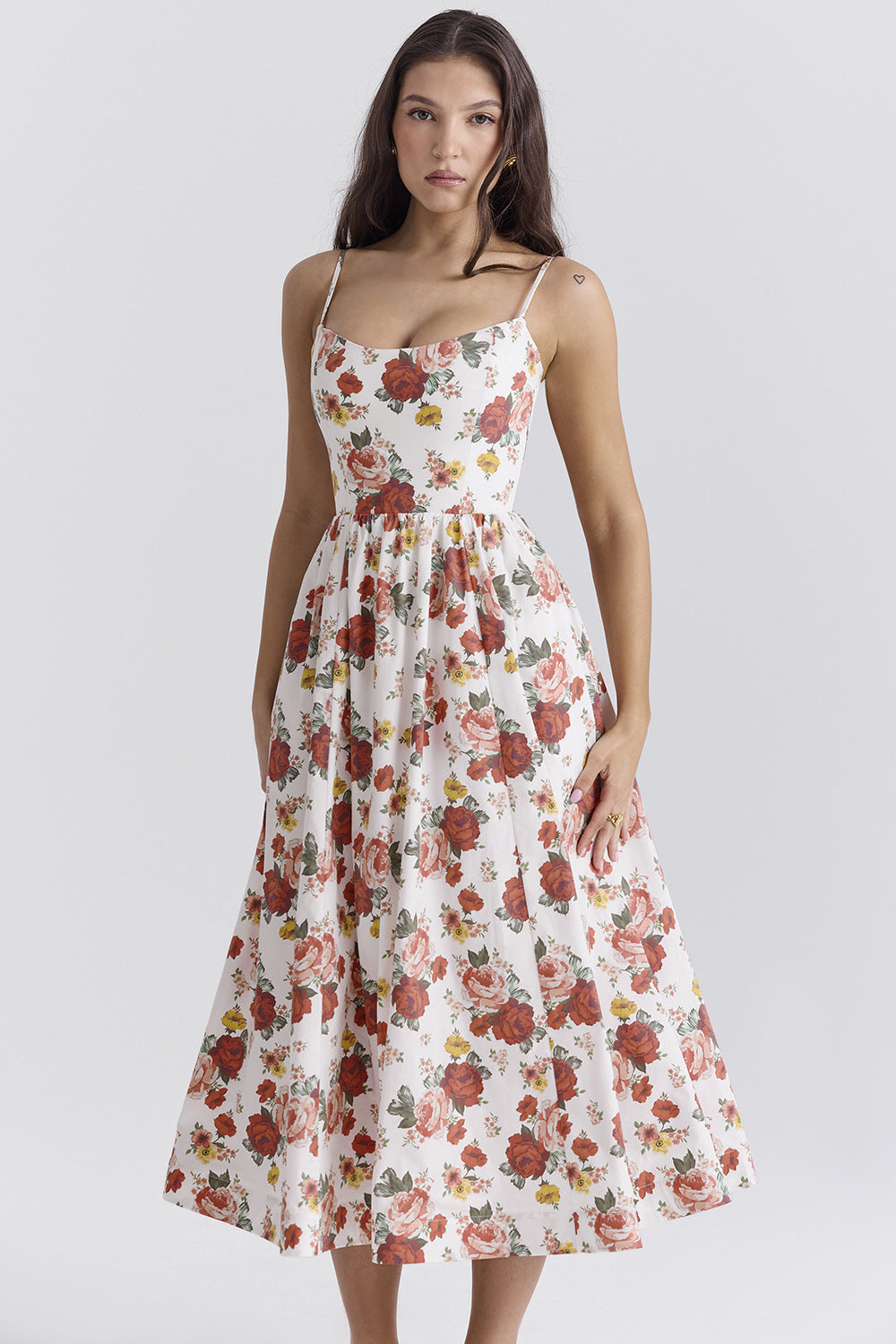 Women’s midi floral dress with strapless style and swinging skirt Lisslune