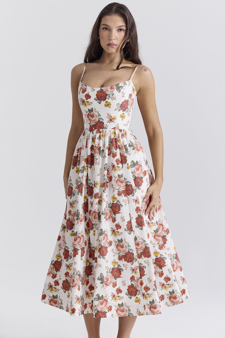 Women’s midi floral dress with strapless style and swinging skirt Lisslune