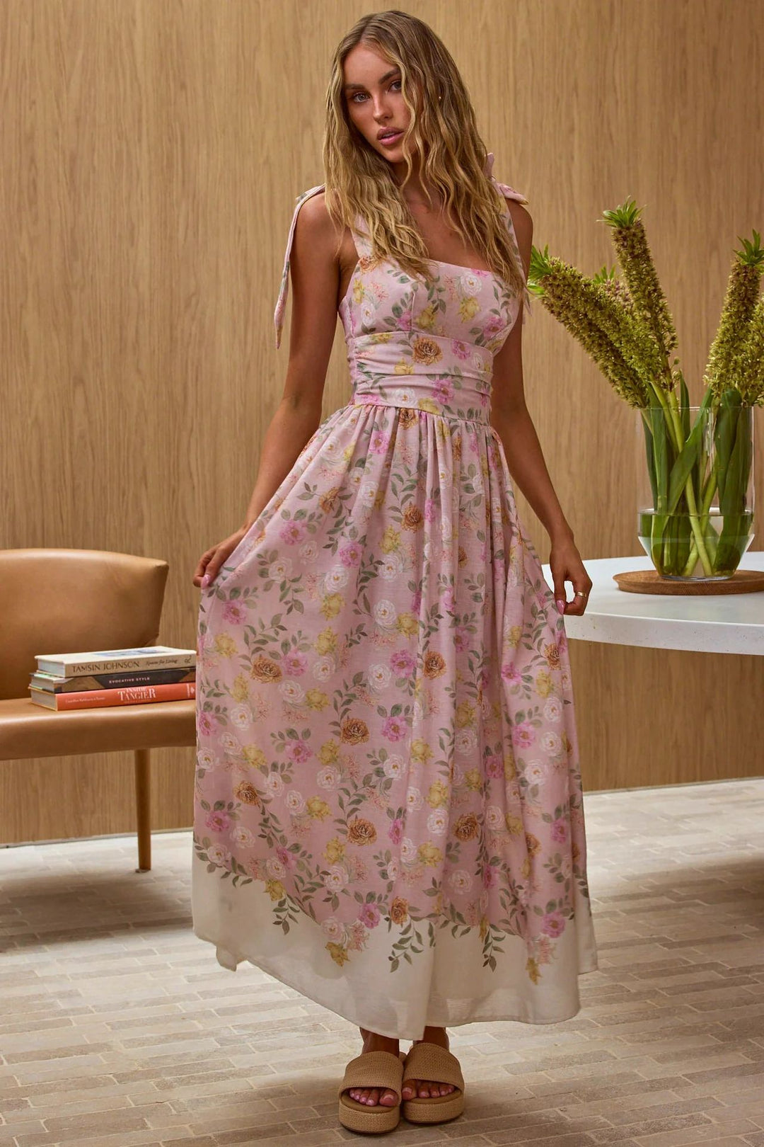 Women's maxi dress with floral accents and adjustable spaghetti straps Lune London