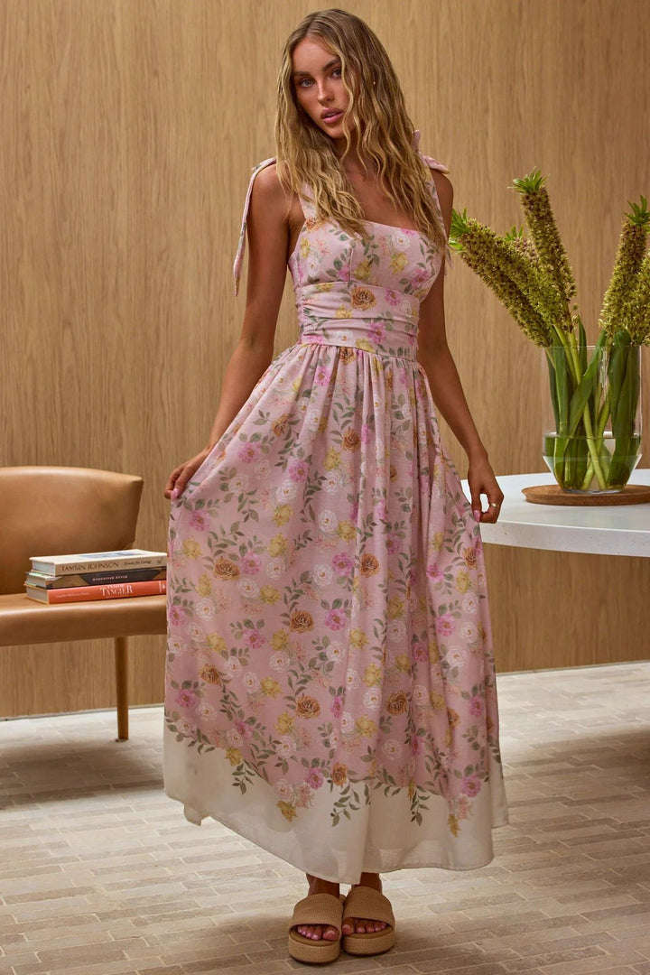 Women's maxi dress with floral accents and adjustable spaghetti straps Lune London