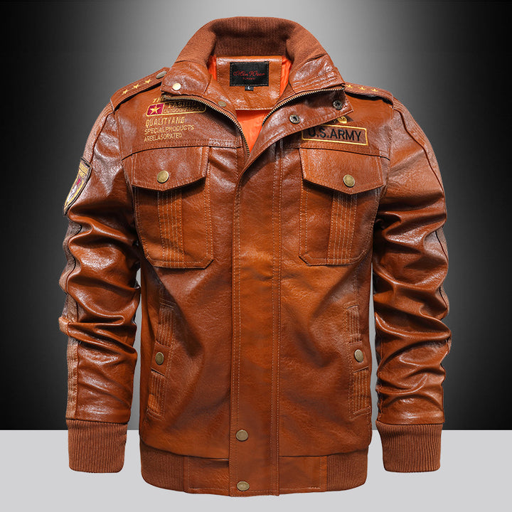 Men's Synthetic Leather Jacket with Military Design and Practical Pockets Lisslune