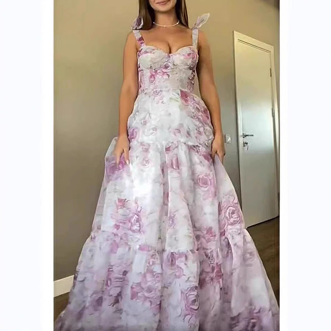 Women Elegant Maxi Dress with Floral Details and Ruffled Straps Lisslune