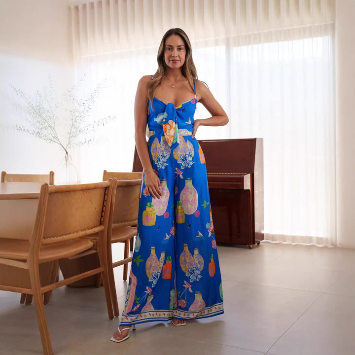 Ladies long summer dress with playful neckline and colorful pattern Lune London