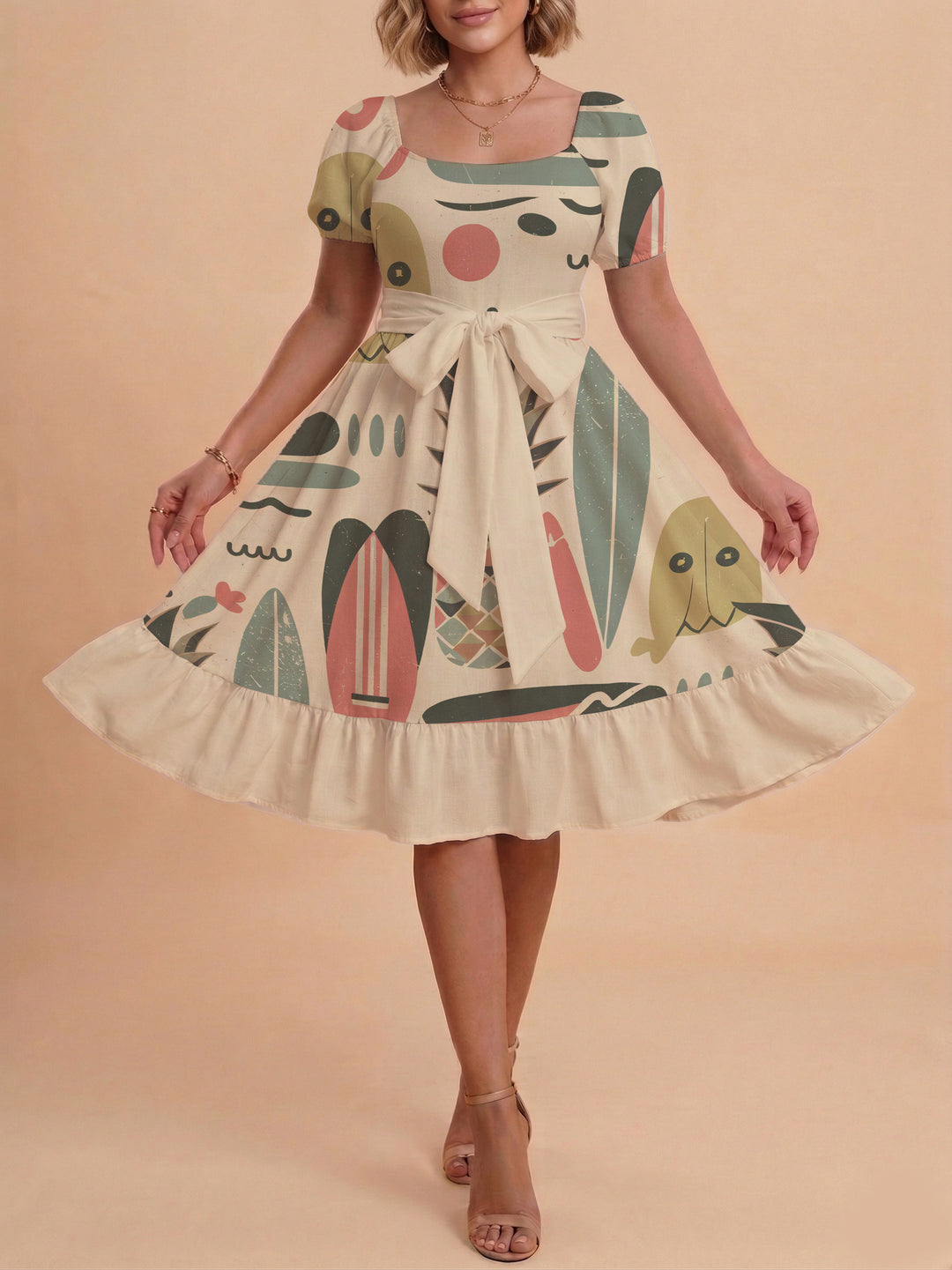 Women A-line dress with floral motifs and adjustable belt Lisslune
