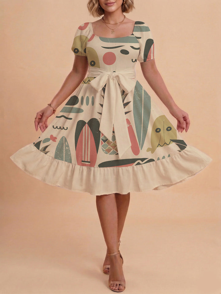 Women A-line dress with floral motifs and adjustable belt Lisslune