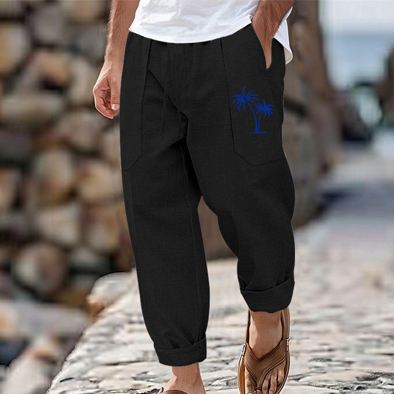 Men's airy linen cargo pants with practical pockets and palm embroidery Lisslune