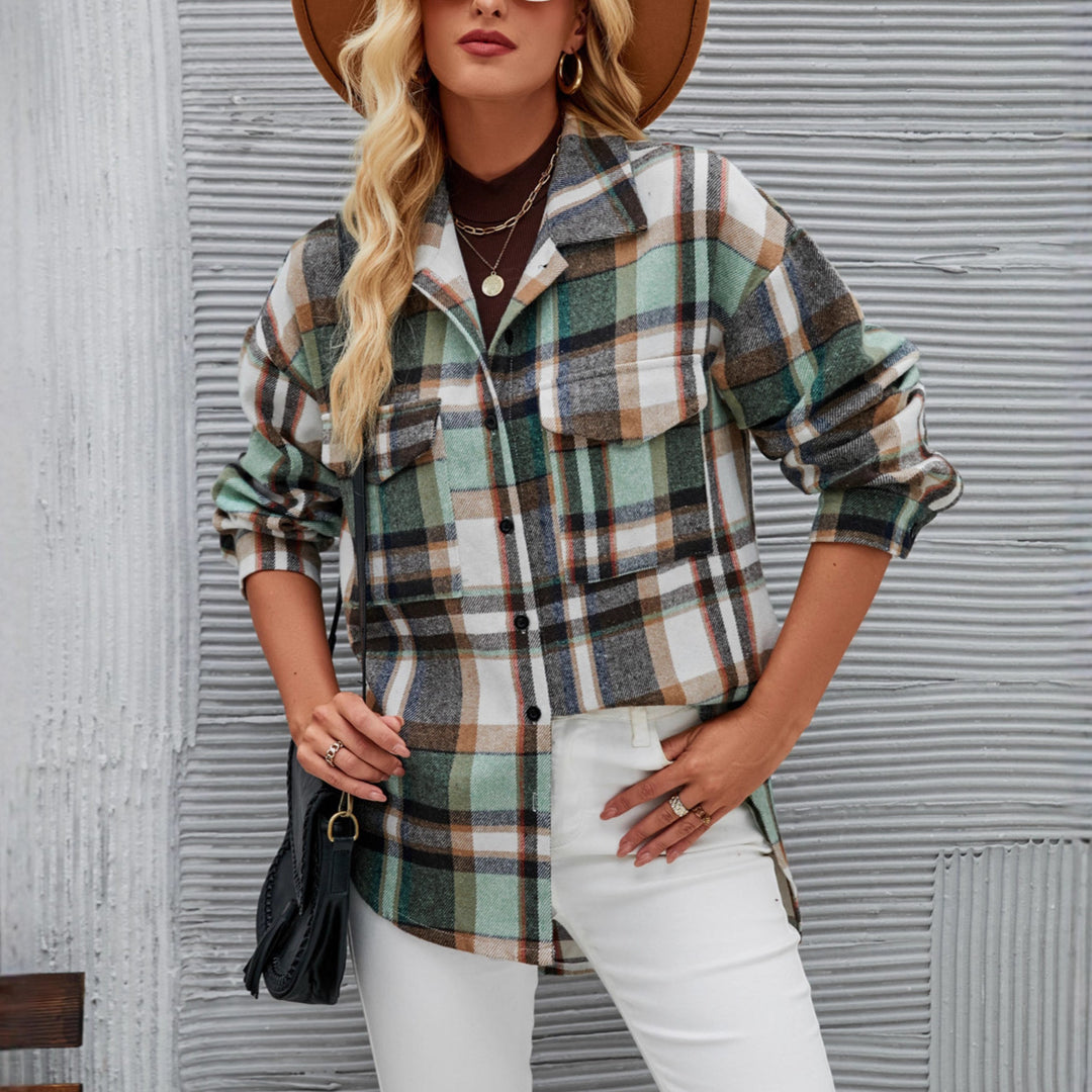 Women's checkered shirt jacket in a casual style with practical chest pockets.