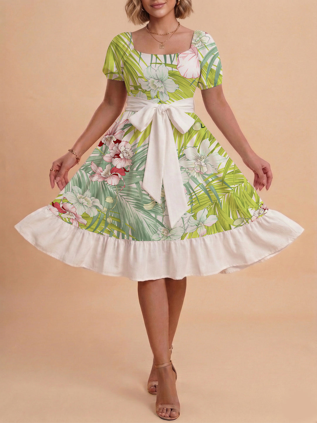 Women A-line dress with floral motifs and adjustable belt Lisslune