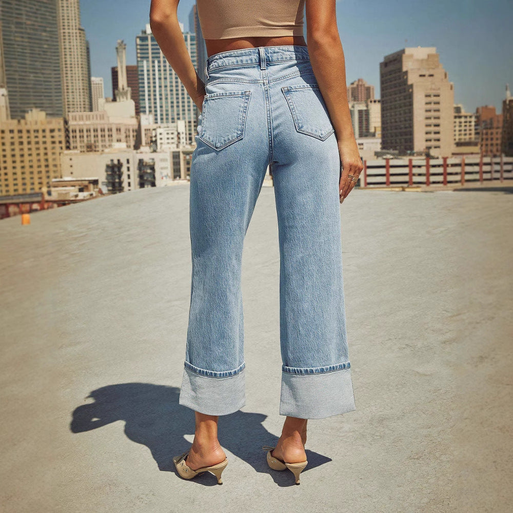 Ladies Wide Cut Jeans with Turned-Up Hem Lisslune