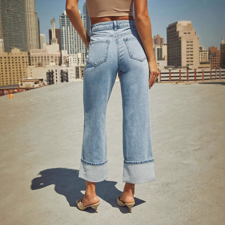 Ladies Wide Cut Jeans with Turned-Up Hem Lisslune