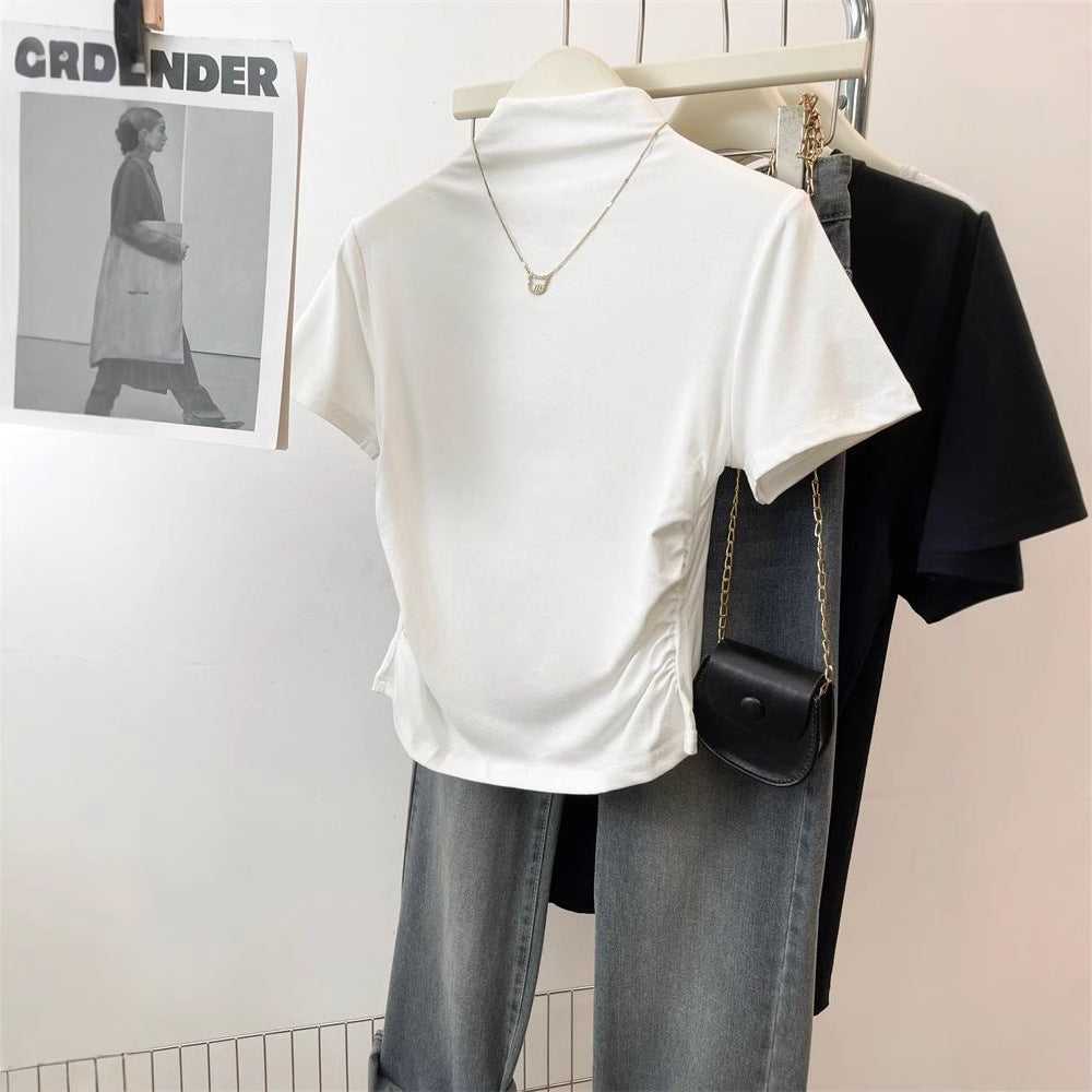 Women fitted T-shirt with stand-up collar and sophisticated ruffle detail