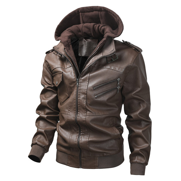 Men's synthetic leather jacket with detachable hood and multifunctional pockets Lisslune
