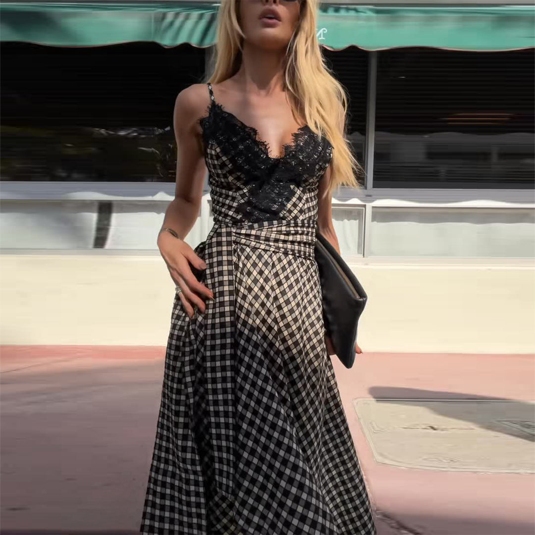 Women's maxi dress with exciting asymmetrical hem and fine lace details
