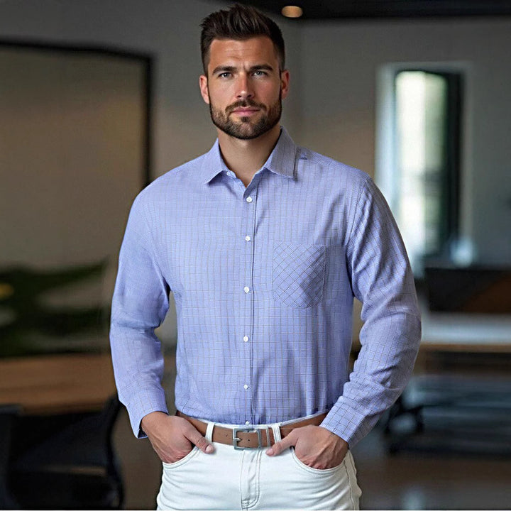 Men's structured long sleeve shirt with fashionable check design and chest pocket Lisslune