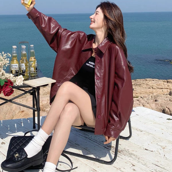 Women Oversized Synthetic Leather Jacket with Practical Pockets and Button-Down Closure Lisslune