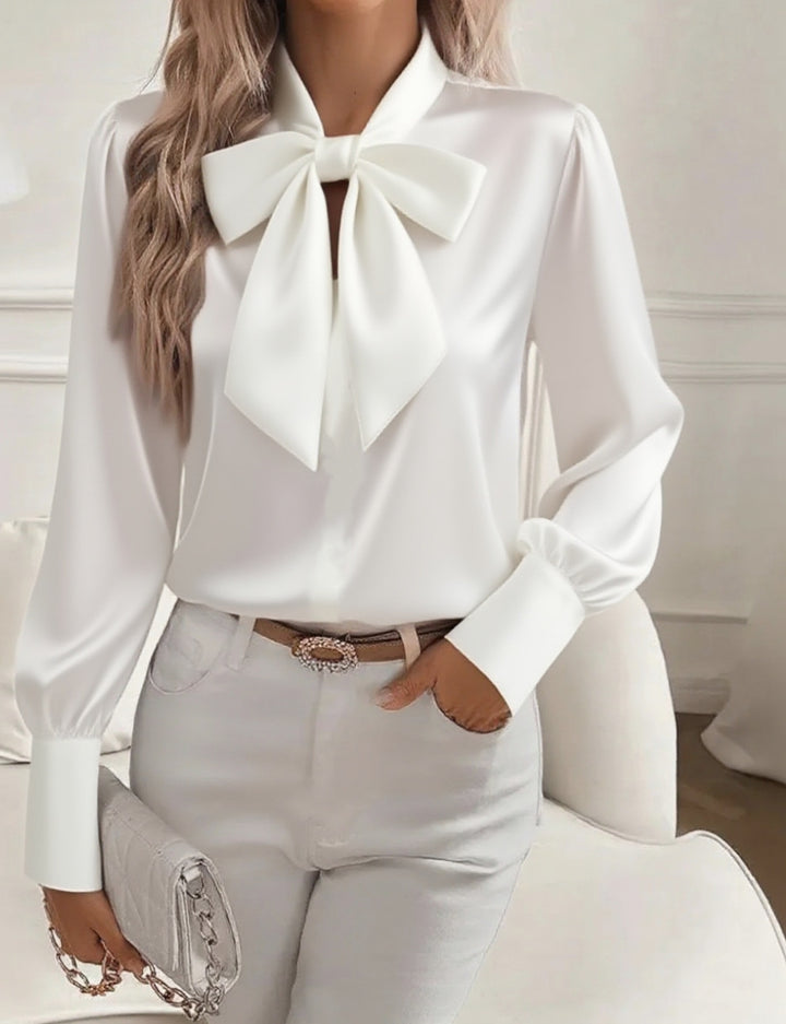 Damen elegante Satinbluse mit Schleifenkragen und Puffärmeln Lisslune