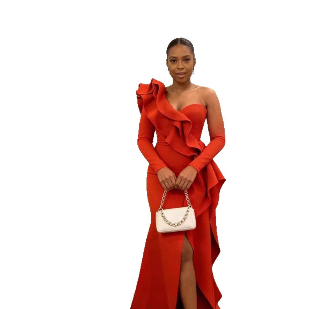 Ladies off-the-shoulder evening dress with ruffle details and asymmetrical cut