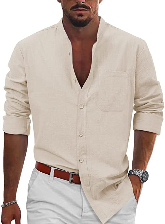 Men's casual linen shirt with classic V-neck and chest pocket Lisslune