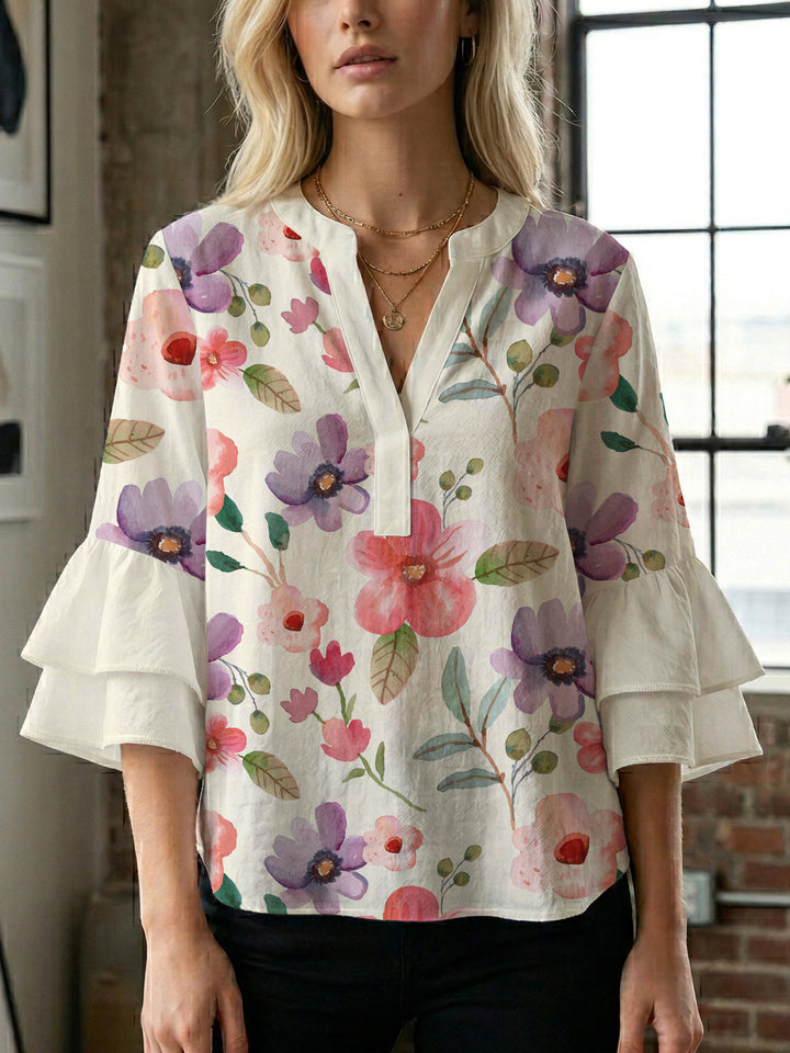 Ladies elegant top with voluminous ruffle hems and floral design Lisslune