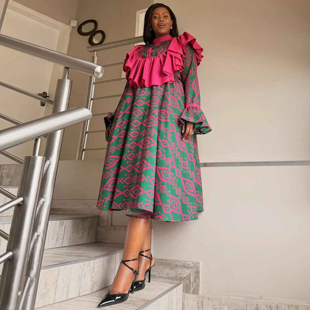 Ladies maxi dress with unusual ruffle design and geometric pattern Lisslune