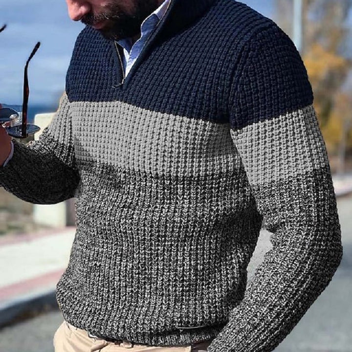 Men's Patterned Knit Sweater with Zipper and Color Block Design Lisslune