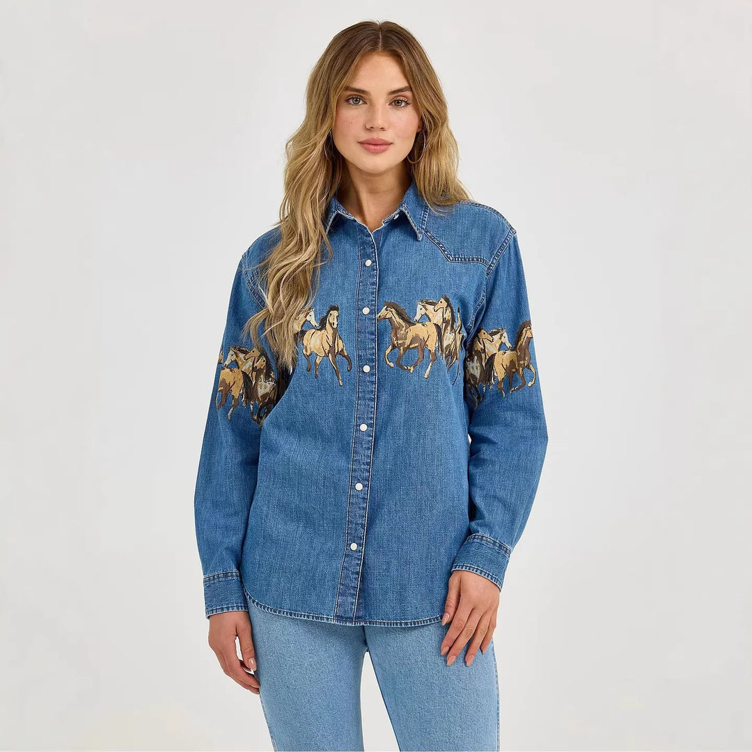 Ladies' denim shirt with creative horse design and high-quality cotton blend Lisslune