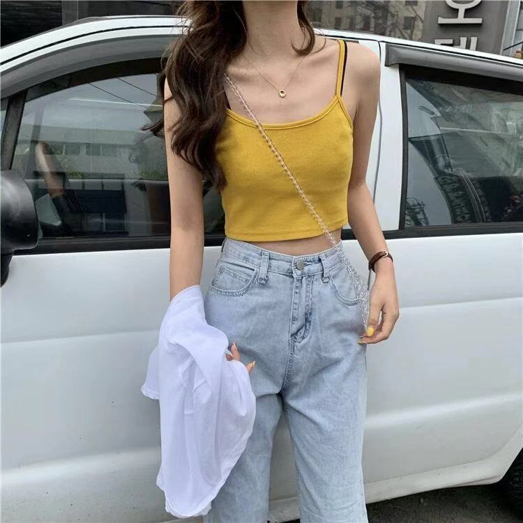 Women's cropped top with thin straps and elastic cut