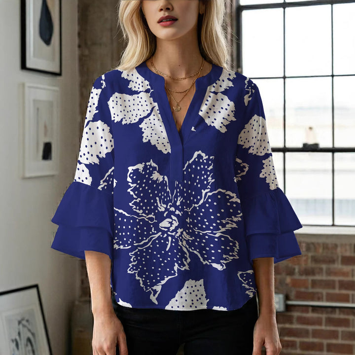 Ladies elegant blouse shirt with voluminous puff sleeves and graphic floral design Lisslune