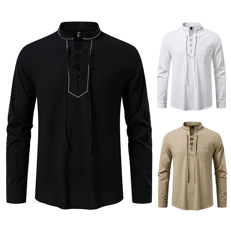 Men's long sleeve shirt with high-quality stand-up collar and decorative lacing Lisslune