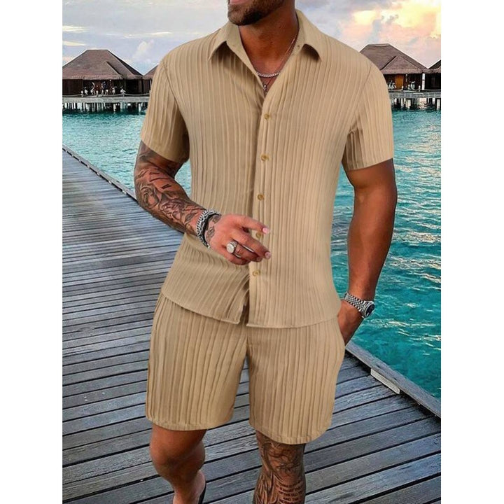Men's short-sleeve leisure suit with textured design and elastic waistband Lisslune