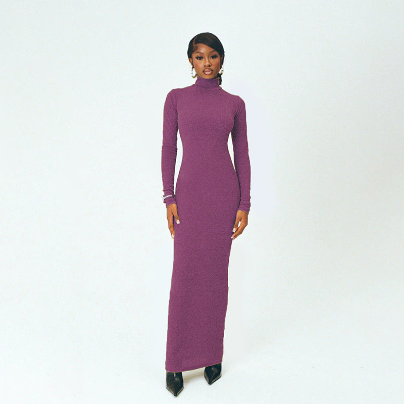Ladies Long Sleeve Maxi Dress with Elegant Stand Collar and Fitted Cut Lune London