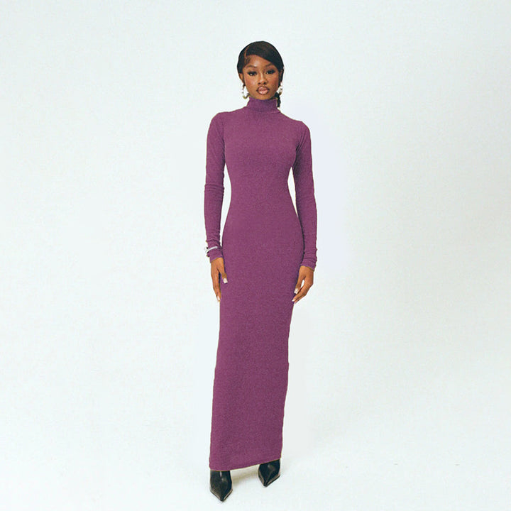 Ladies Long Sleeve Maxi Dress with Elegant Stand Collar and Fitted Cut Lune London