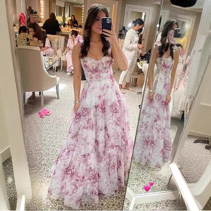 Women Elegant Maxi Dress with Floral Details and Ruffled Straps Lisslune
