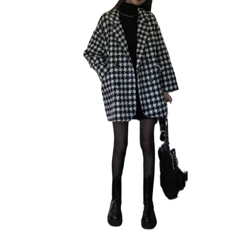Women Oversized Check Coat with Double Button Placket Lisslune