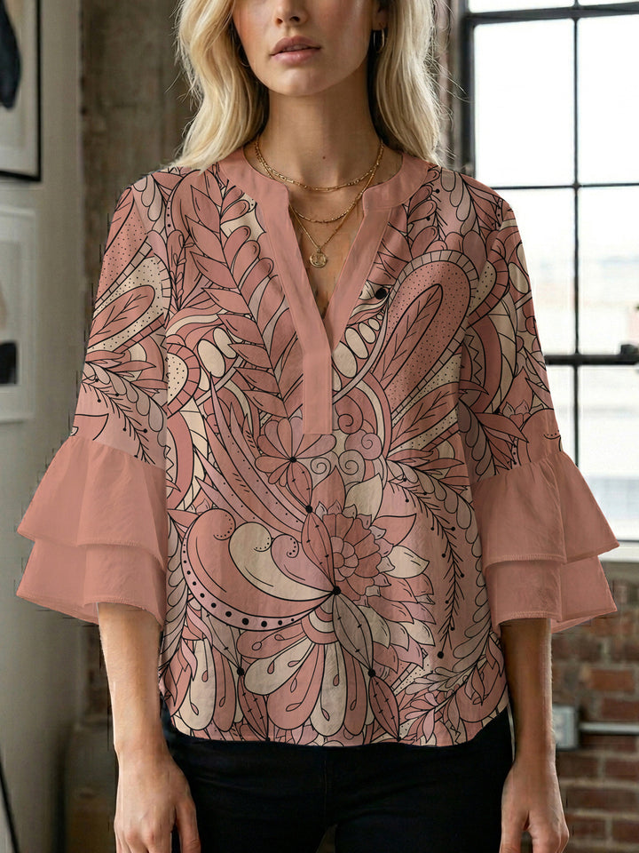 Ladies elegant top with voluminous ruffle hems and floral design Lisslune