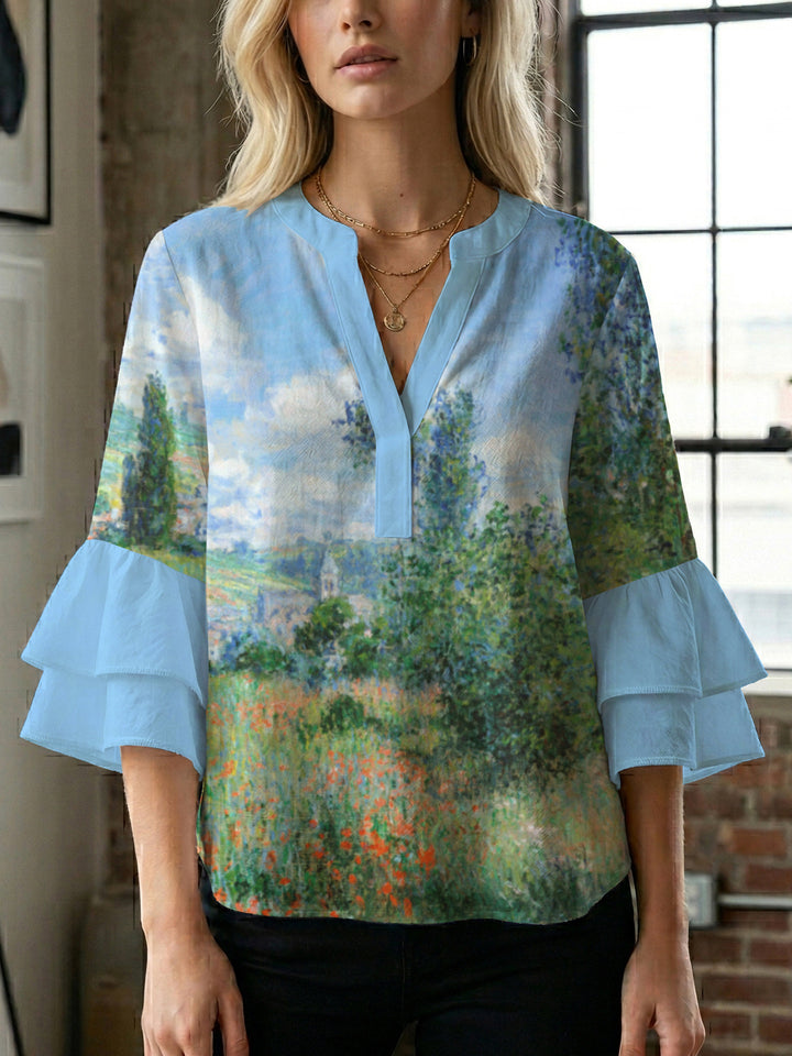 Women's casual blouse with ruffled sleeves and botanical print Lisslune